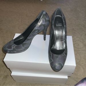 Subtle metallic, gray camouflage pattern Stuart Weitzman heels